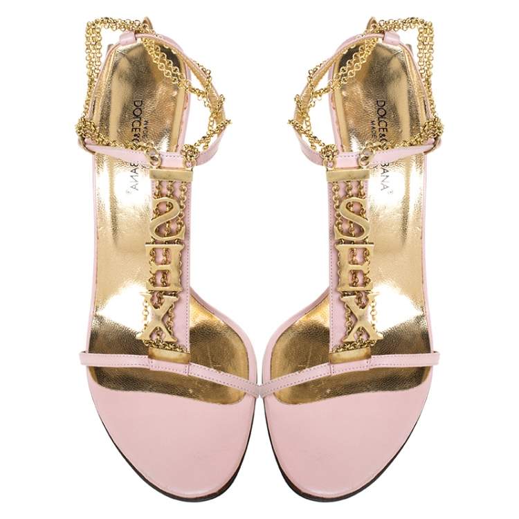 Pre Owned Dolce & Gabbana Pink Leather Sex Chain Detail Ankle Strap Sandals Size 40