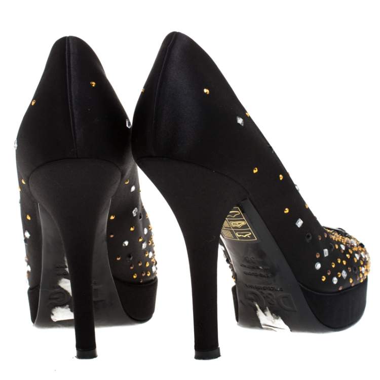 Pre Owned Dolce & Gabbana Black Crystal Embellished Satin Platform Pumps Size 38