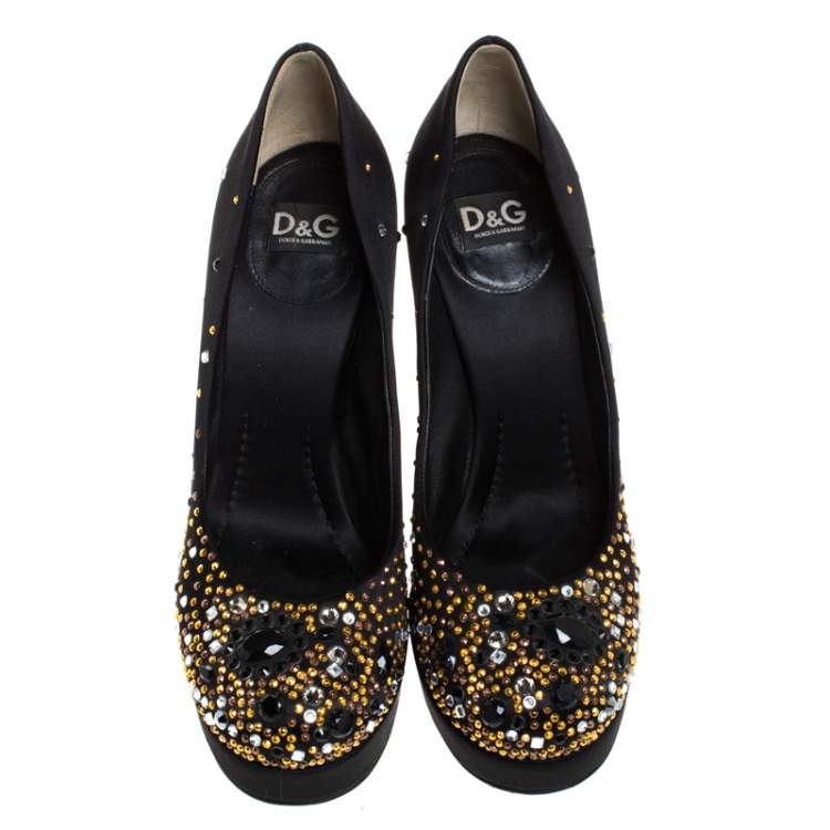 Pre Owned Dolce & Gabbana Black Crystal Embellished Satin Platform Pumps Size 38