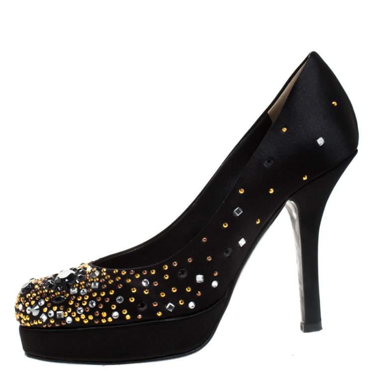 Pre Owned Dolce & Gabbana Black Crystal Embellished Satin Platform Pumps Size 38