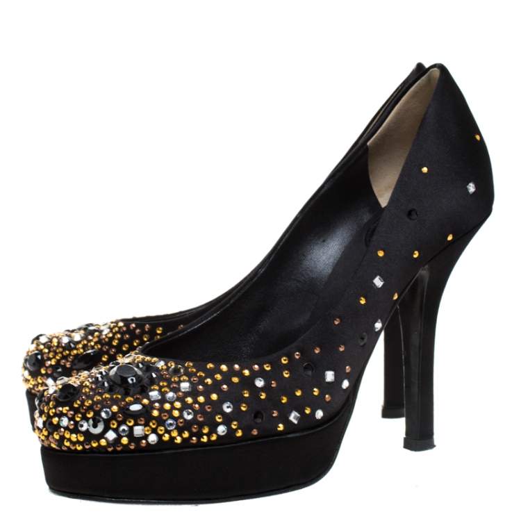 Pre Owned Dolce & Gabbana Black Crystal Embellished Satin Platform Pumps Size 38