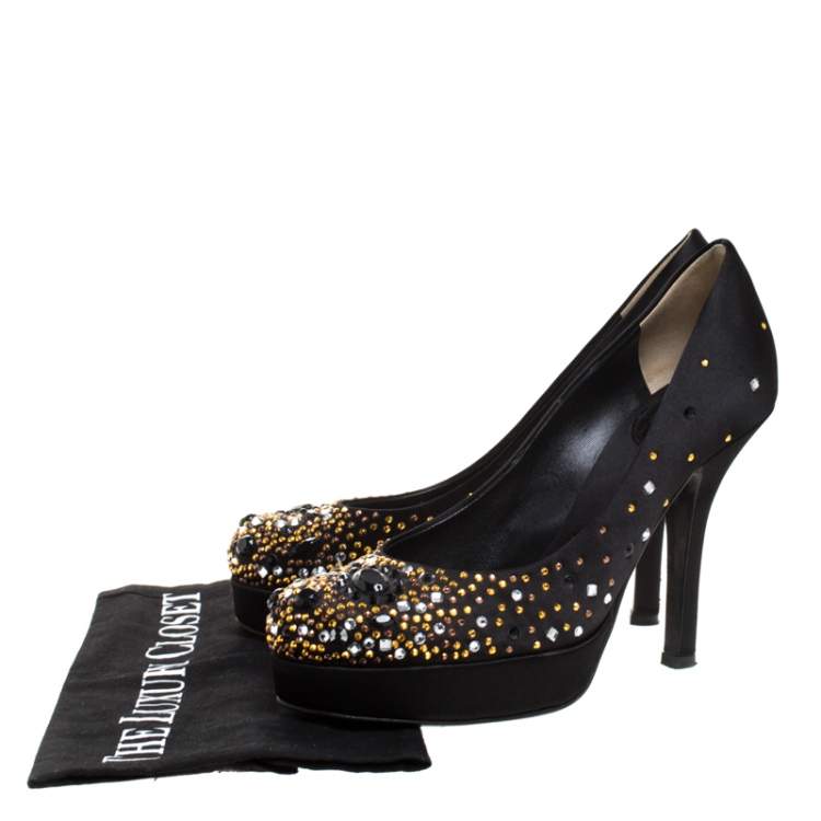 Pre Owned Dolce & Gabbana Black Crystal Embellished Satin Platform Pumps Size 38