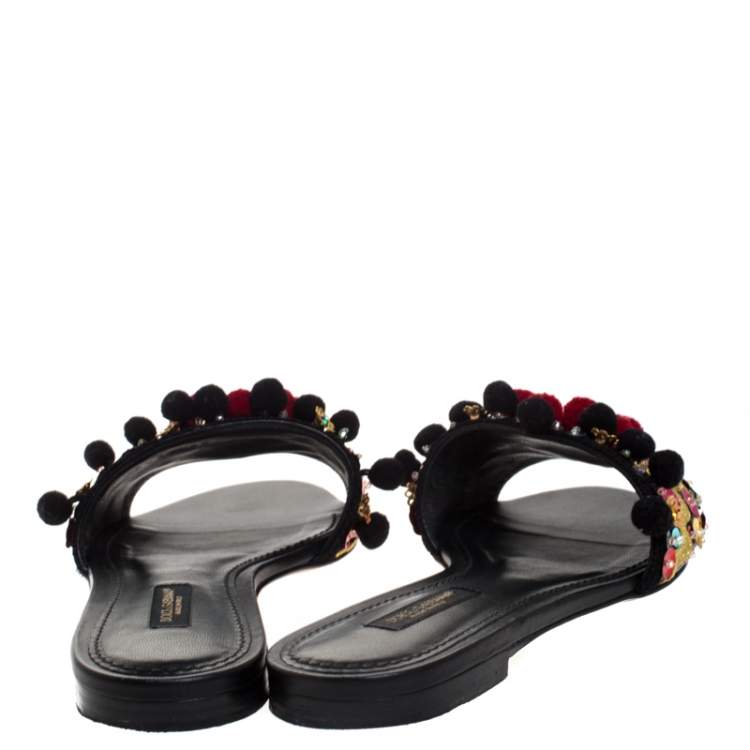 Pre Owned Dolce & Gabbana Black Leather Pom Pom And Mirror Embellished Flat Sandals Size 35