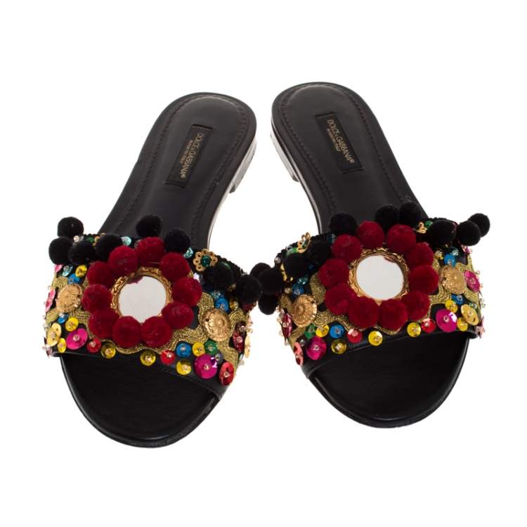 Pre Owned Dolce & Gabbana Black Leather Pom Pom And Mirror Embellished Flat Sandals Size 35