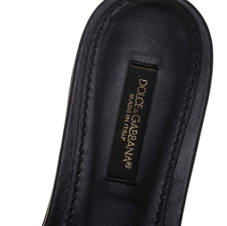 Pre Owned Dolce & Gabbana Black Leather Pom Pom And Mirror Embellished Flat Sandals Size 35