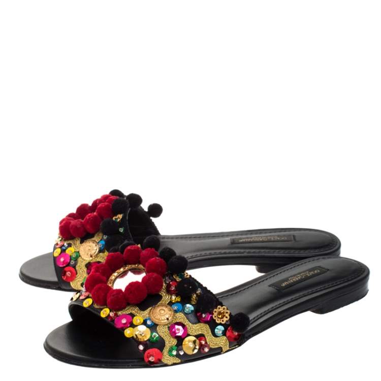 Pre Owned Dolce & Gabbana Black Leather Pom Pom And Mirror Embellished Flat Sandals Size 35