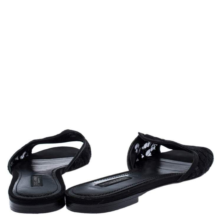 Pre Owned Dolce & Gabbana Black Floral Lace Open Toe Flat Slides Size 38
