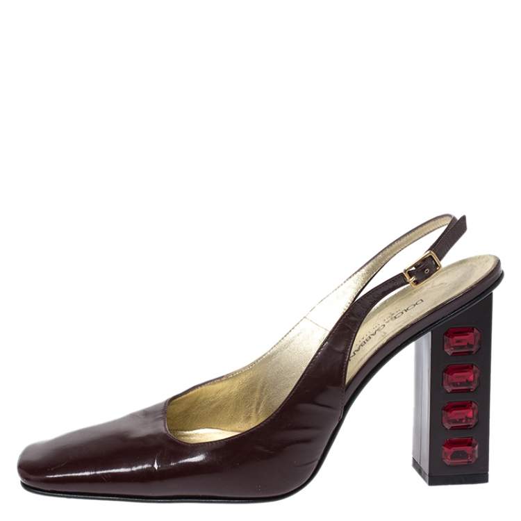 Pre Owned Dolce & Gabbana Maroon Patent Leather Square Toe Embellished Heels Slingback Pumps Size 38