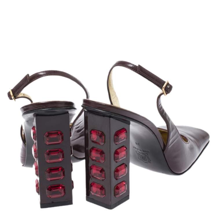 Pre Owned Dolce & Gabbana Maroon Patent Leather Square Toe Embellished Heels Slingback Pumps Size 38