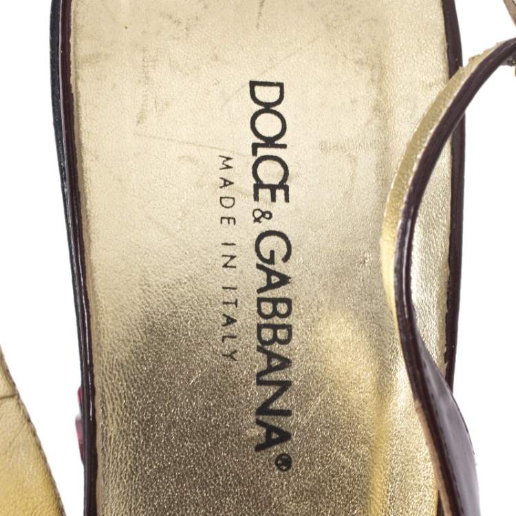 Pre Owned Dolce & Gabbana Maroon Patent Leather Square Toe Embellished Heels Slingback Pumps Size 38