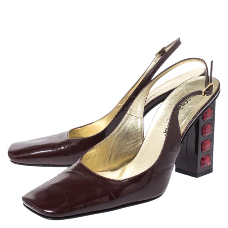 Pre Owned Dolce & Gabbana Maroon Patent Leather Square Toe Embellished Heels Slingback Pumps Size 38