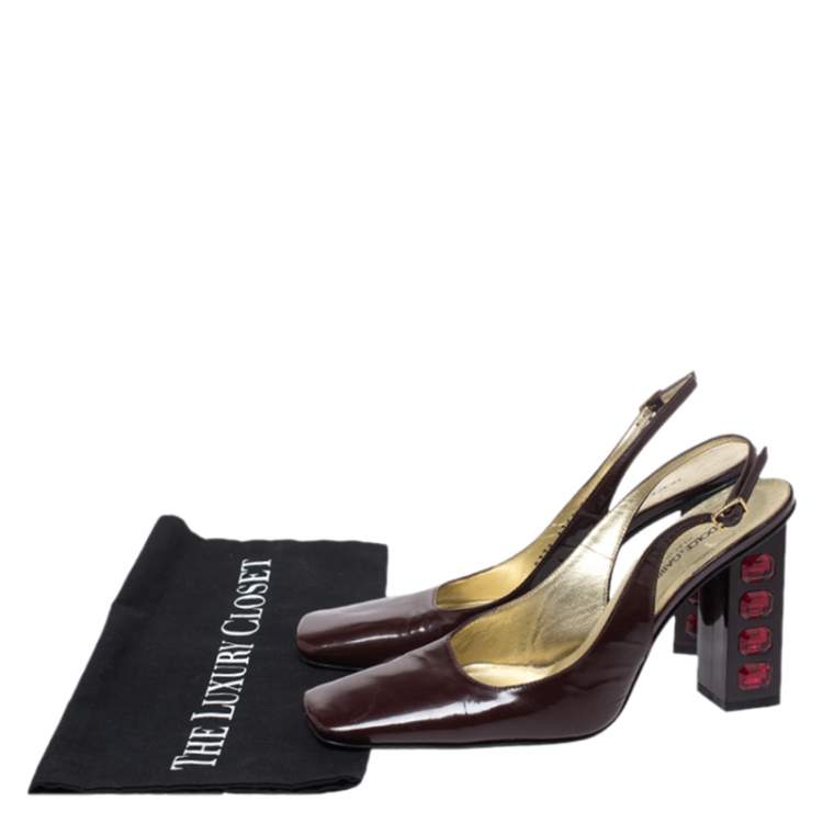 Pre Owned Dolce & Gabbana Maroon Patent Leather Square Toe Embellished Heels Slingback Pumps Size 38