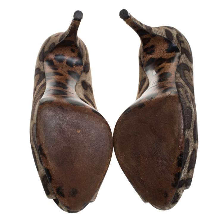 Pre Owned Dolce & Gabbana Brown Leopard Print Canvas Peep Toe Platform Pumps Size 37