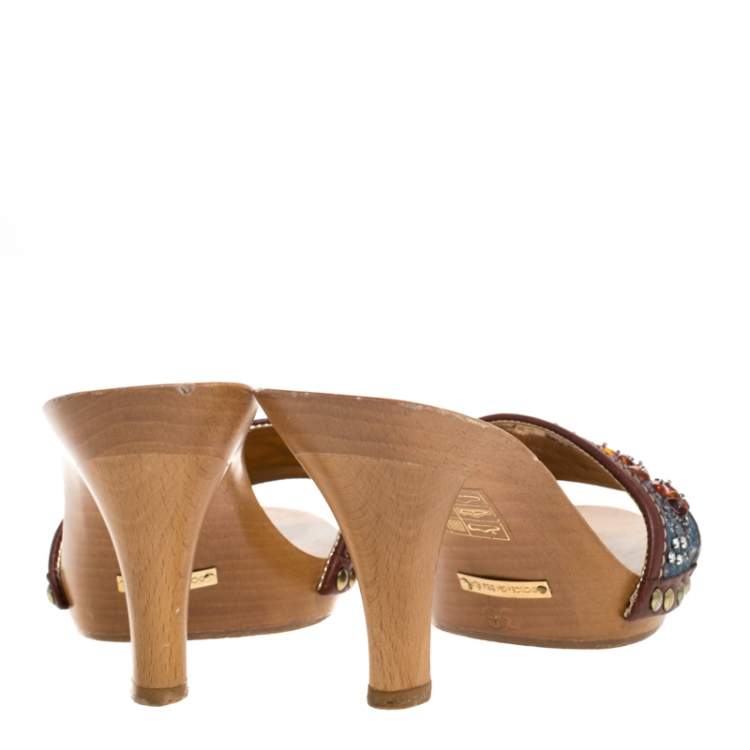 Pre Owned Dolce & Gabbana Blue/Brown Denim And Leather Trim Embellished Slide Sandals Size 36