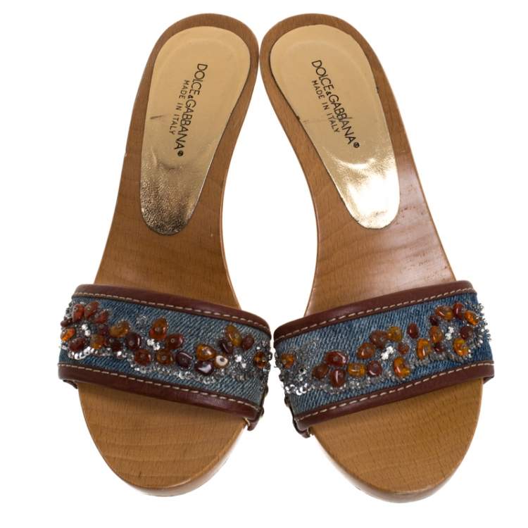 Pre Owned Dolce & Gabbana Blue/Brown Denim And Leather Trim Embellished Slide Sandals Size 36