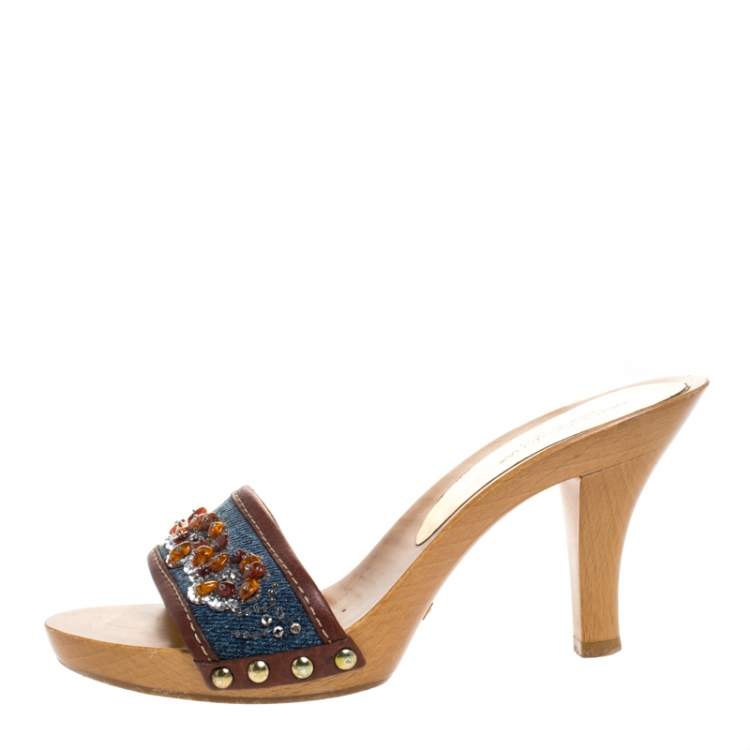 Pre Owned Dolce & Gabbana Blue/Brown Denim And Leather Trim Embellished Slide Sandals Size 36