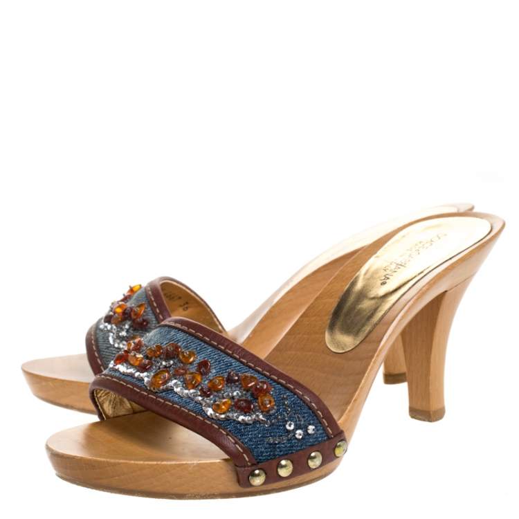 Pre Owned Dolce & Gabbana Blue/Brown Denim And Leather Trim Embellished Slide Sandals Size 36