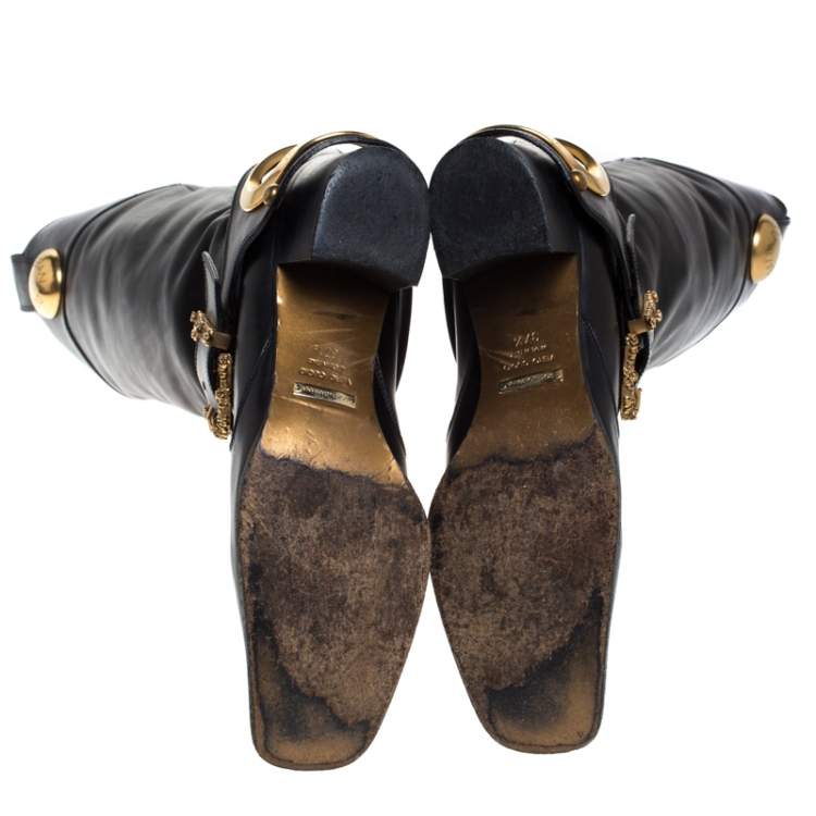 Pre Owned Dolce & Gabbana Black Leather Buckle Mid Calf Boots Size 37.5