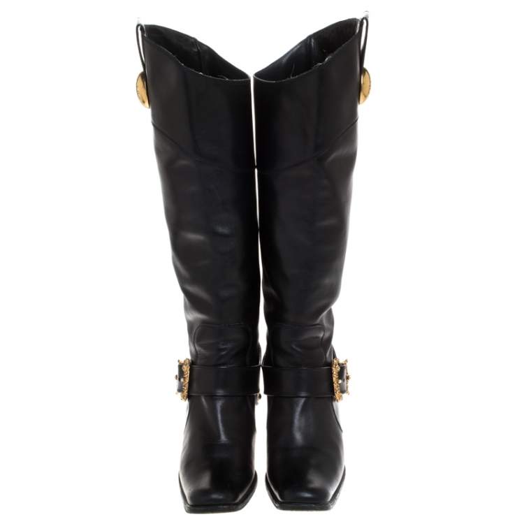 Pre Owned Dolce & Gabbana Black Leather Buckle Mid Calf Boots Size 37.5