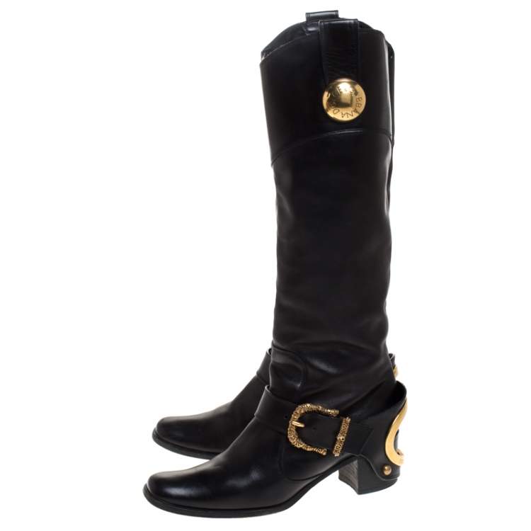 Pre Owned Dolce & Gabbana Black Leather Buckle Mid Calf Boots Size 37.5