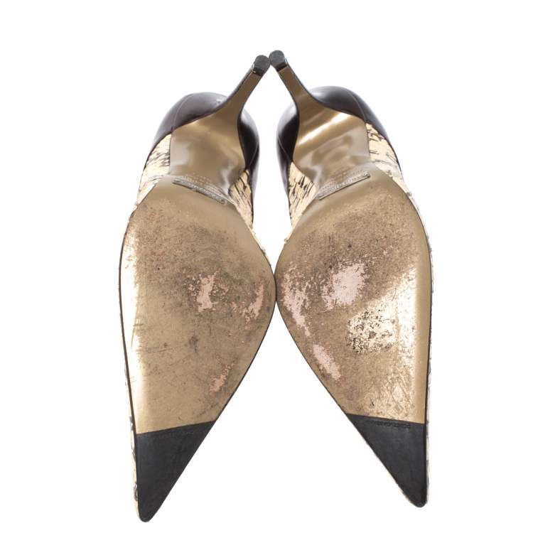Pre Owned Dolce & Gabbana Brown/Cream Python And Leather Cutout Pointed Toe Pumps Size 38.5