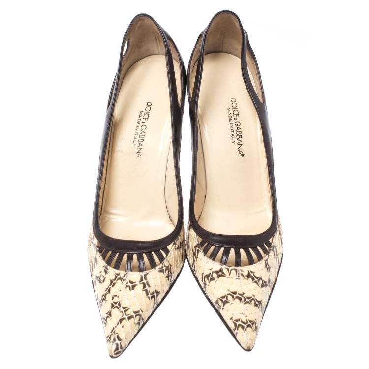 Pre Owned Dolce & Gabbana Brown/Cream Python And Leather Cutout Pointed Toe Pumps Size 38.5
