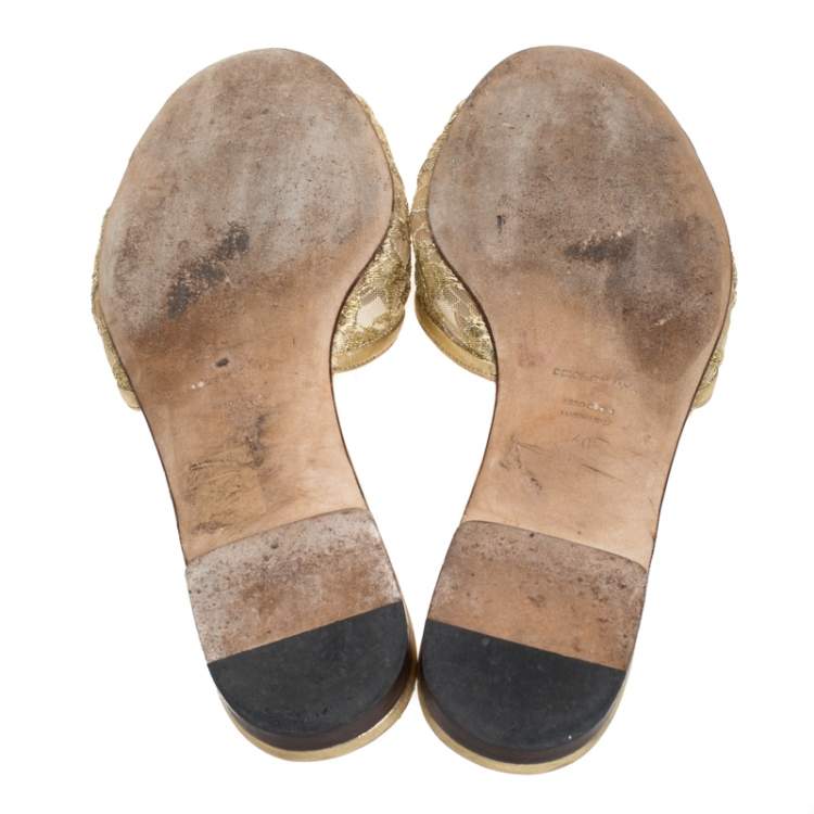 Pre Owned Dolce & Gabbana Gold Lace Sofia Crystal Embellished Slide Flats Size 40