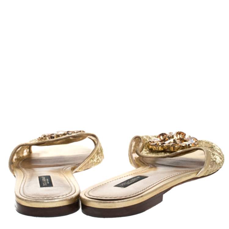 Pre Owned Dolce & Gabbana Gold Lace Sofia Crystal Embellished Slide Flats Size 40