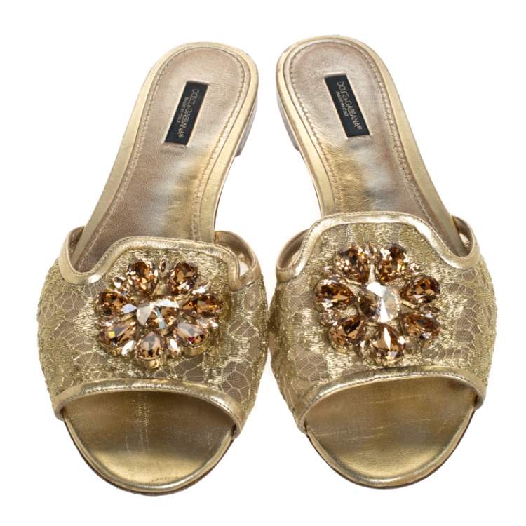 Pre Owned Dolce & Gabbana Gold Lace Sofia Crystal Embellished Slide Flats Size 40