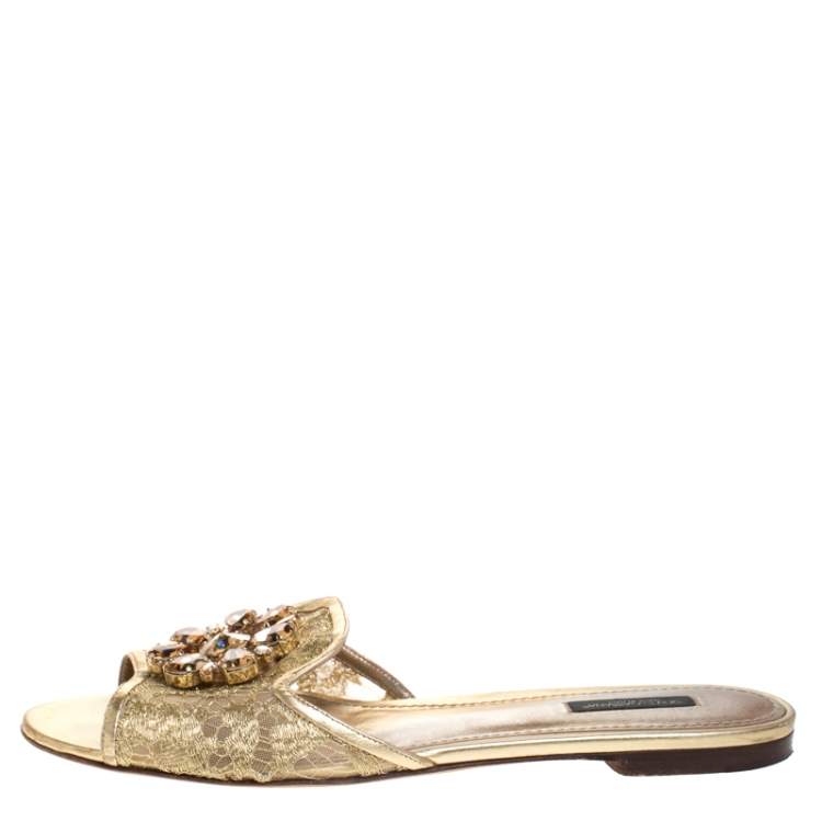 Pre Owned Dolce & Gabbana Gold Lace Sofia Crystal Embellished Slide Flats Size 40