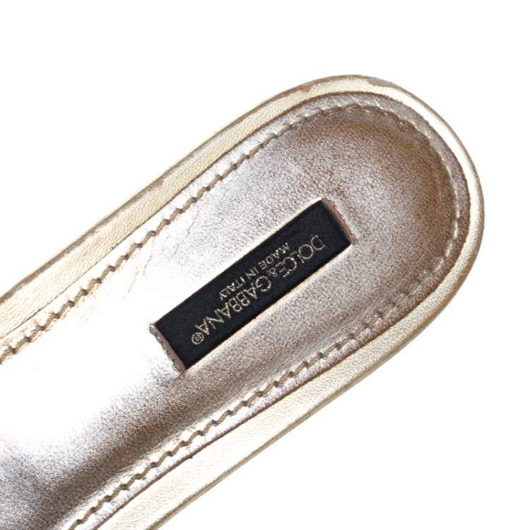 Pre Owned Dolce & Gabbana Gold Lace Sofia Crystal Embellished Slide Flats Size 40