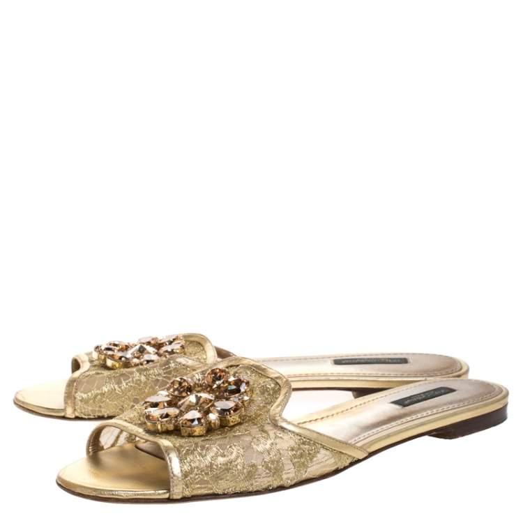 Pre Owned Dolce & Gabbana Gold Lace Sofia Crystal Embellished Slide Flats Size 40