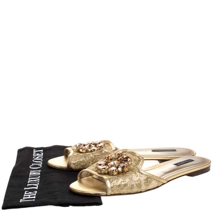 Pre Owned Dolce & Gabbana Gold Lace Sofia Crystal Embellished Slide Flats Size 40