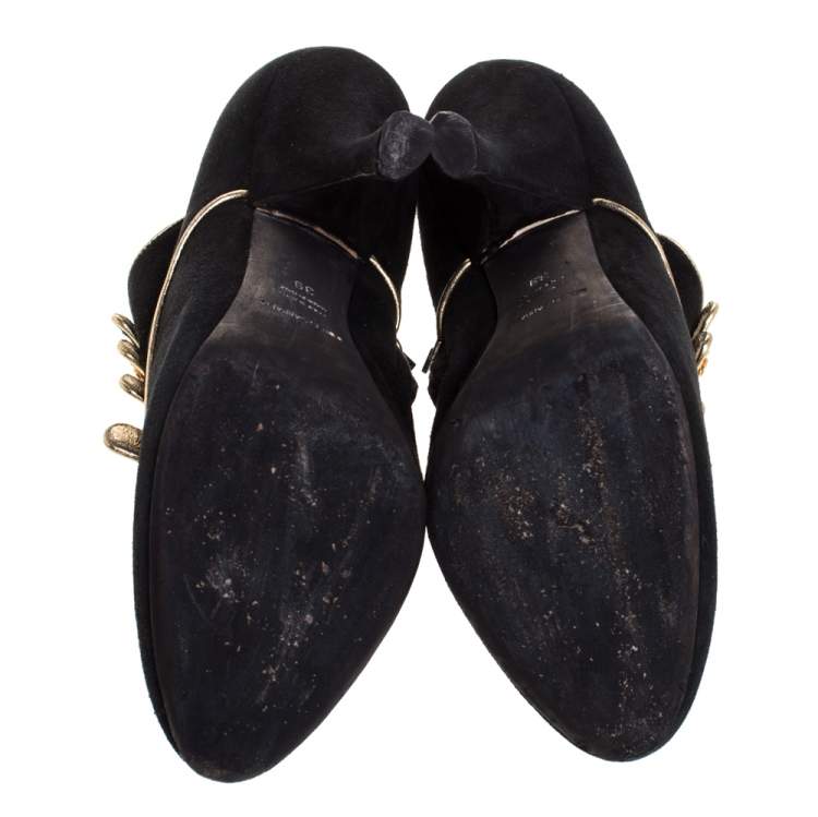 Pre Owned Dolce & Gabbana Black Suede And Leather Trim Rose Detail Ankle Booties Size 39