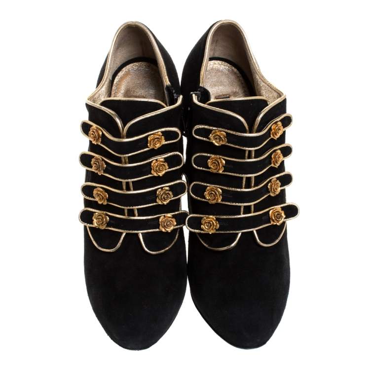 Pre Owned Dolce & Gabbana Black Suede And Leather Trim Rose Detail Ankle Booties Size 39
