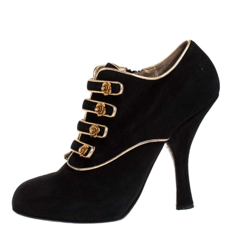 Pre Owned Dolce & Gabbana Black Suede And Leather Trim Rose Detail Ankle Booties Size 39