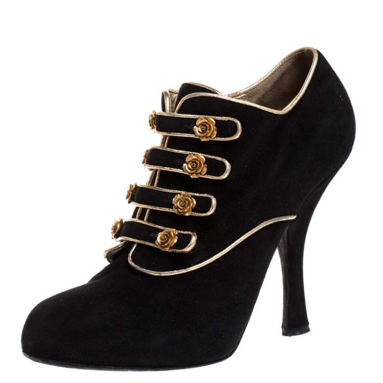 Pre Owned Dolce & Gabbana Black Suede And Leather Trim Rose Detail Ankle Booties Size 39