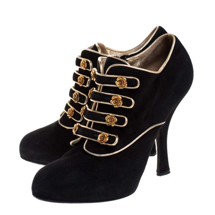 Pre Owned Dolce & Gabbana Black Suede And Leather Trim Rose Detail Ankle Booties Size 39