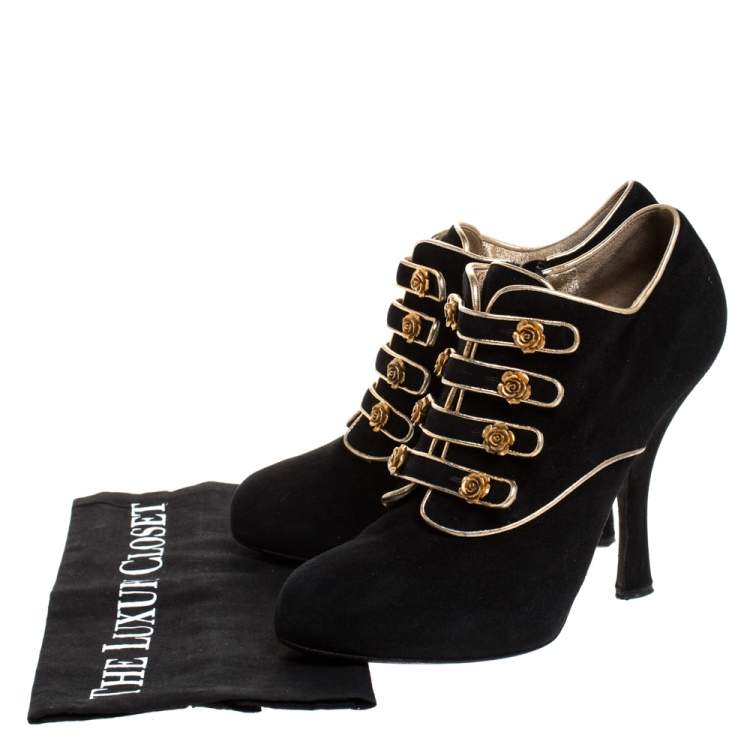 Pre Owned Dolce & Gabbana Black Suede And Leather Trim Rose Detail Ankle Booties Size 39