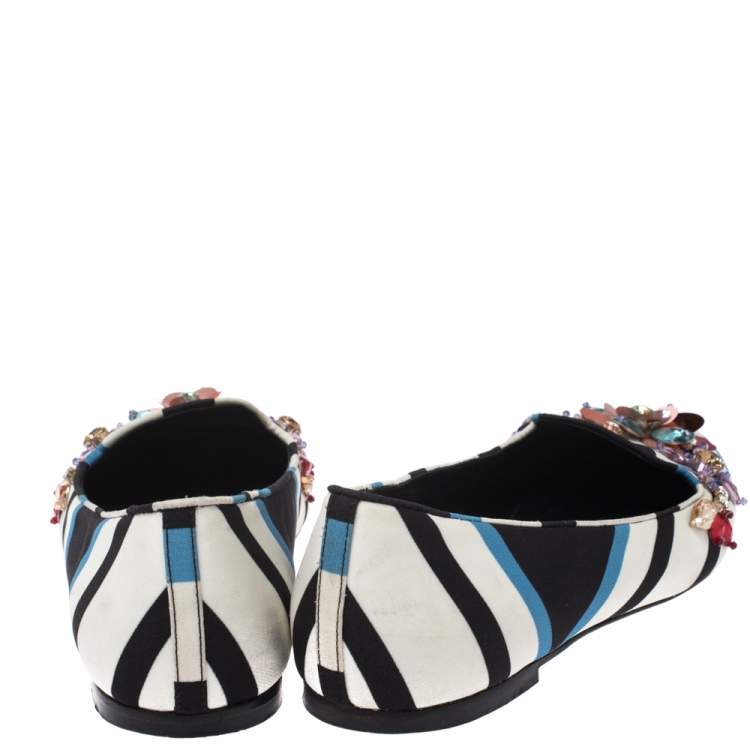 Pre Owned Dolce & Gabbana Multicolor Chevron Printed Fabric Crystal Embellished Pointed Toe Ballet Flats Size 36.5
