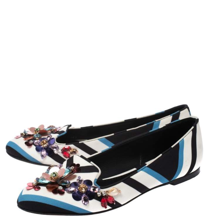 Pre Owned Dolce & Gabbana Multicolor Chevron Printed Fabric Crystal Embellished Pointed Toe Ballet Flats Size 36.5