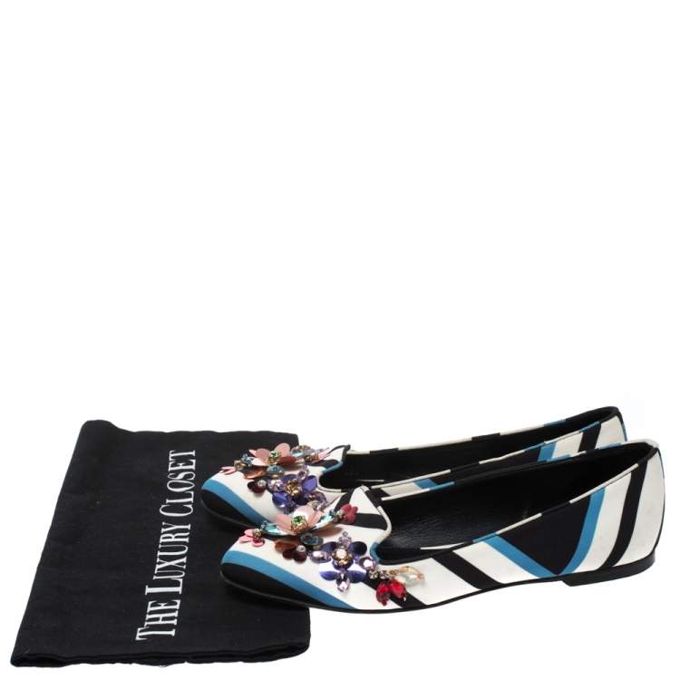 Pre Owned Dolce & Gabbana Multicolor Chevron Printed Fabric Crystal Embellished Pointed Toe Ballet Flats Size 36.5