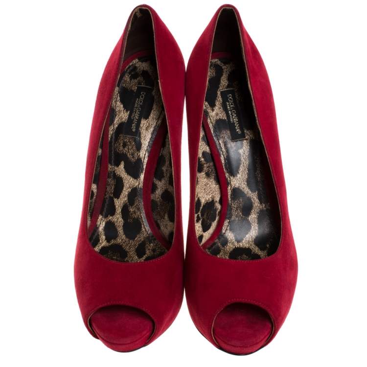 Pre Owned Dolce & Gabbana Red Suede Platform Peep Toe Pumps Size 39.5