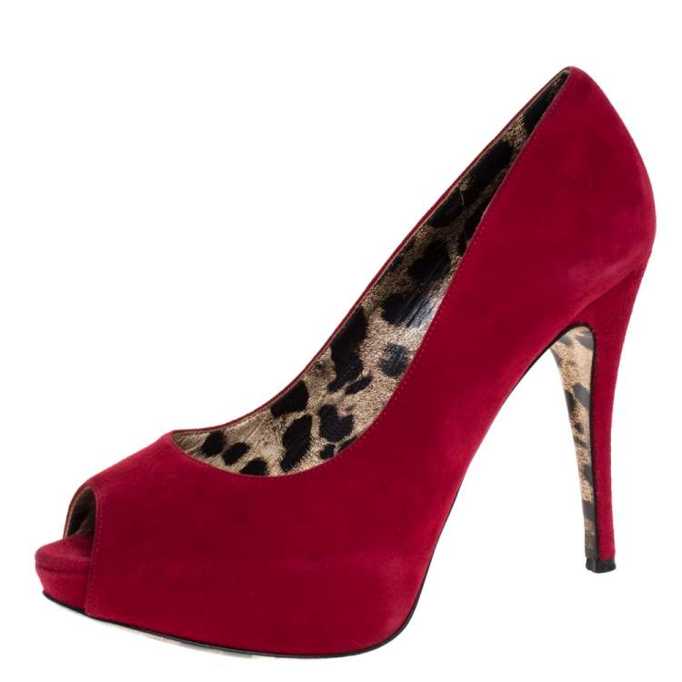 Pre Owned Dolce & Gabbana Red Suede Platform Peep Toe Pumps Size 39.5