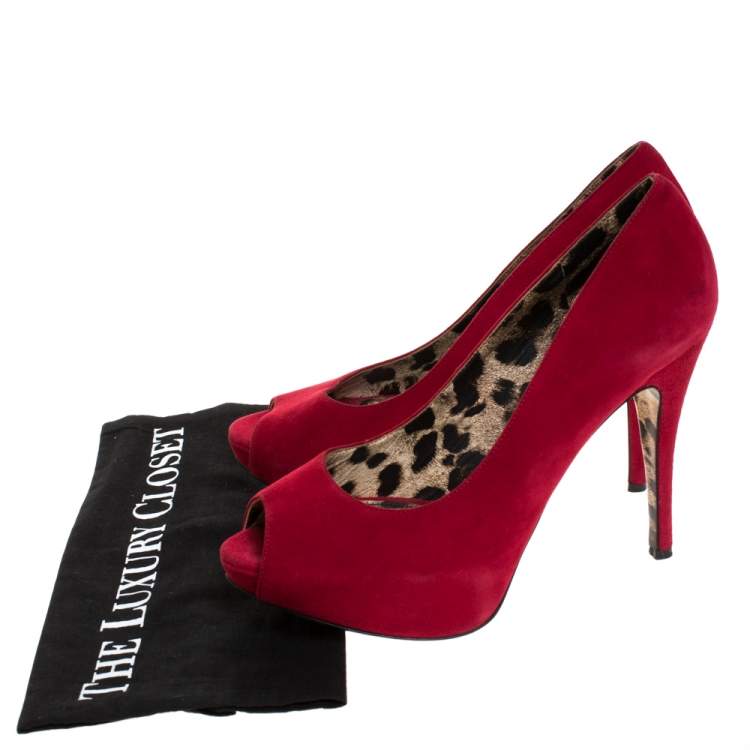 Pre Owned Dolce & Gabbana Red Suede Platform Peep Toe Pumps Size 39.5