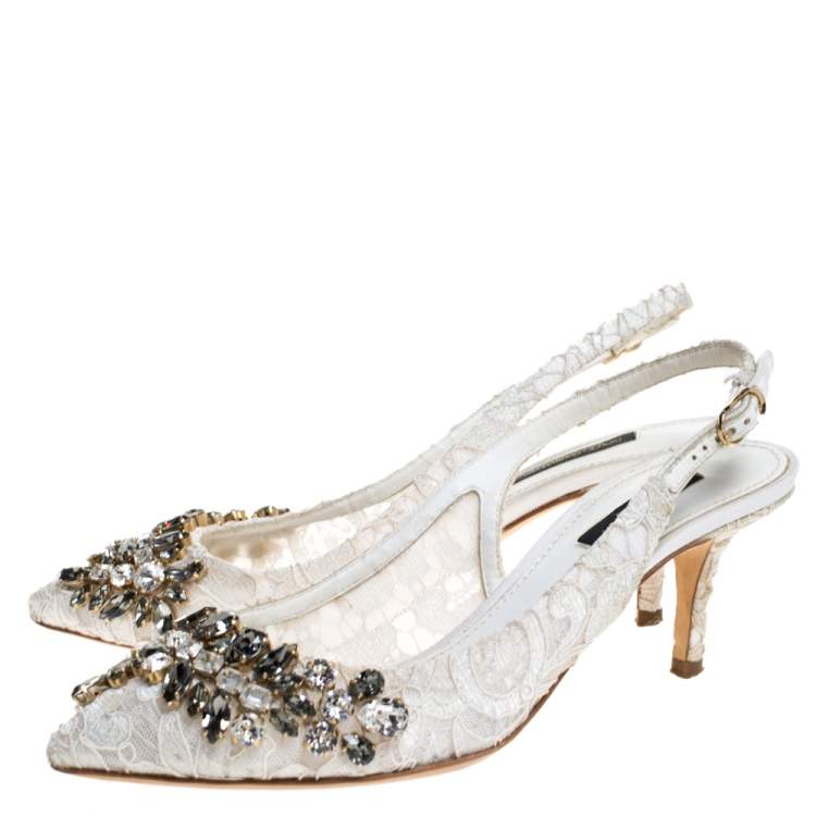 Pre Owned Dolce & Gabbana White Crystal Embellished Lace Pointed Toe Slingback Sandals Size 36
