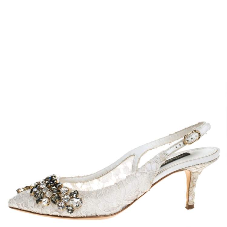 Pre Owned Dolce & Gabbana White Crystal Embellished Lace Pointed Toe Slingback Sandals Size 36