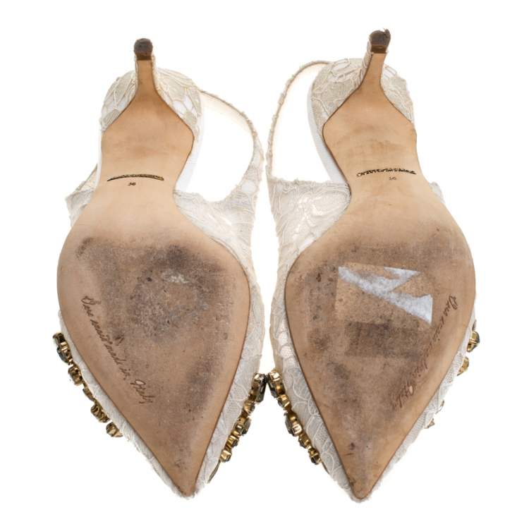 Pre Owned Dolce & Gabbana White Crystal Embellished Lace Pointed Toe Slingback Sandals Size 36