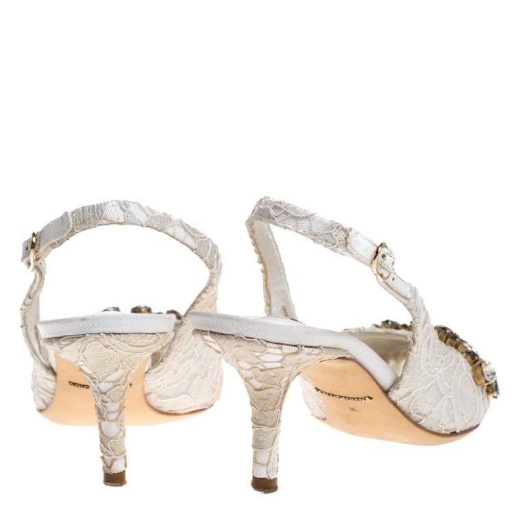 Pre Owned Dolce & Gabbana White Crystal Embellished Lace Pointed Toe Slingback Sandals Size 36