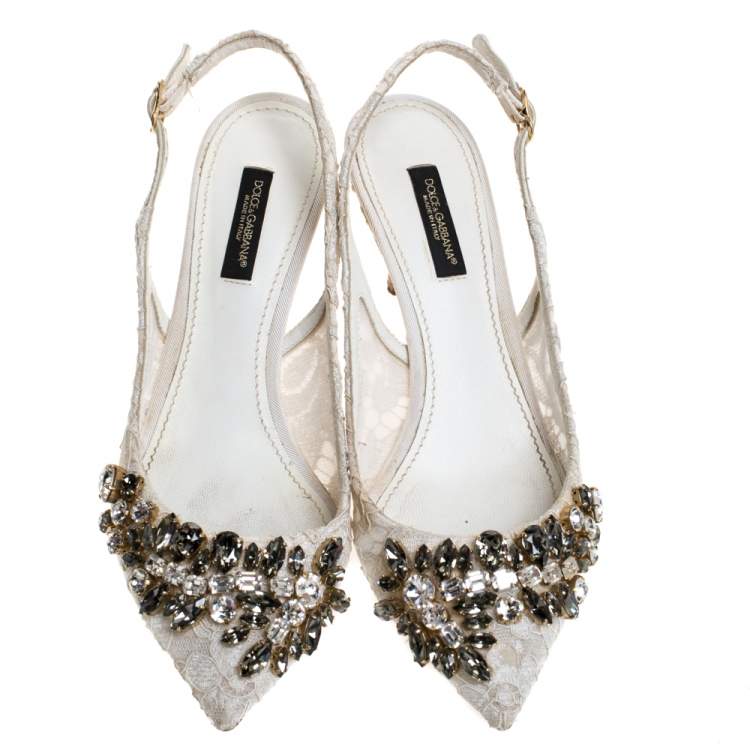 Pre Owned Dolce & Gabbana White Crystal Embellished Lace Pointed Toe Slingback Sandals Size 36